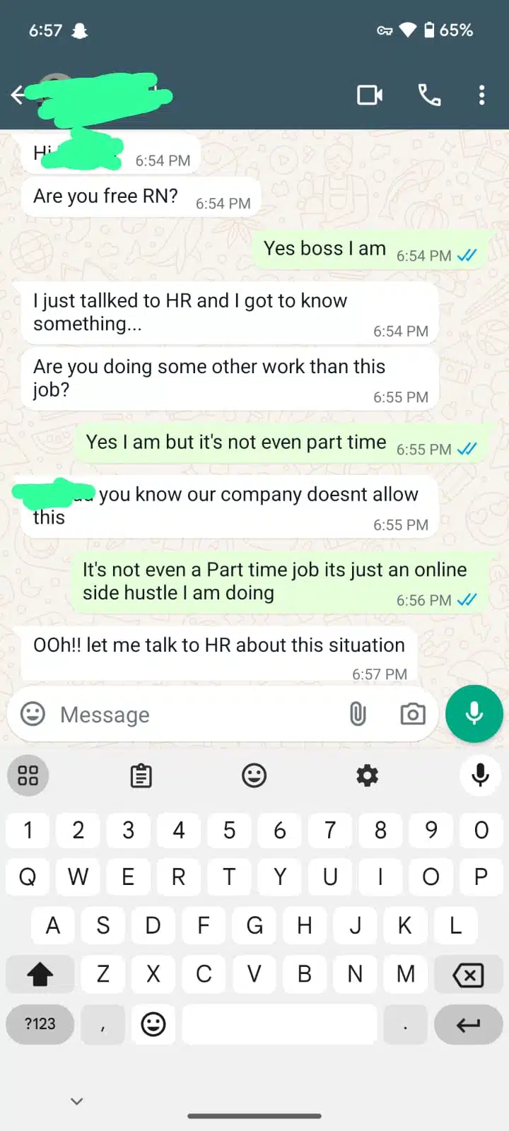 Better Full-Time Employee by Side Hustle? 2 whatsapp Chat between boss and an employ